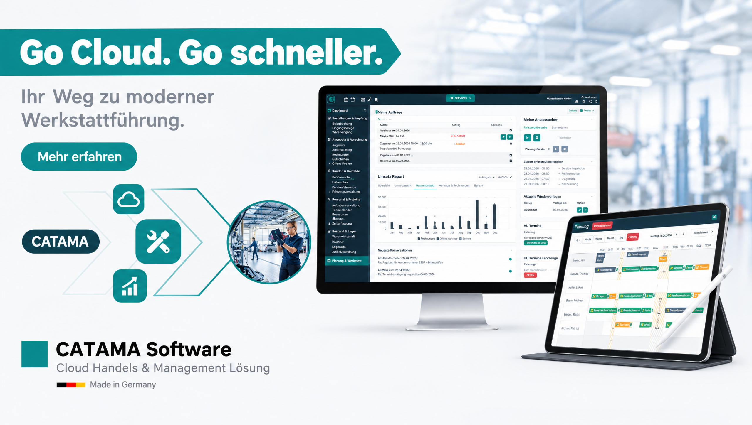 CATAMA Cloud Dashboard auf Monitor und Tablet u2013 Werkstatt- und Handelsprozesse in einer Oberflaeche