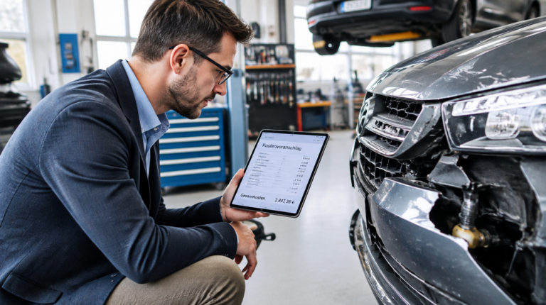 Werkstattmitarbeiter kalkuliert Reparaturkosten an einem beschaedigten Fahrzeug
